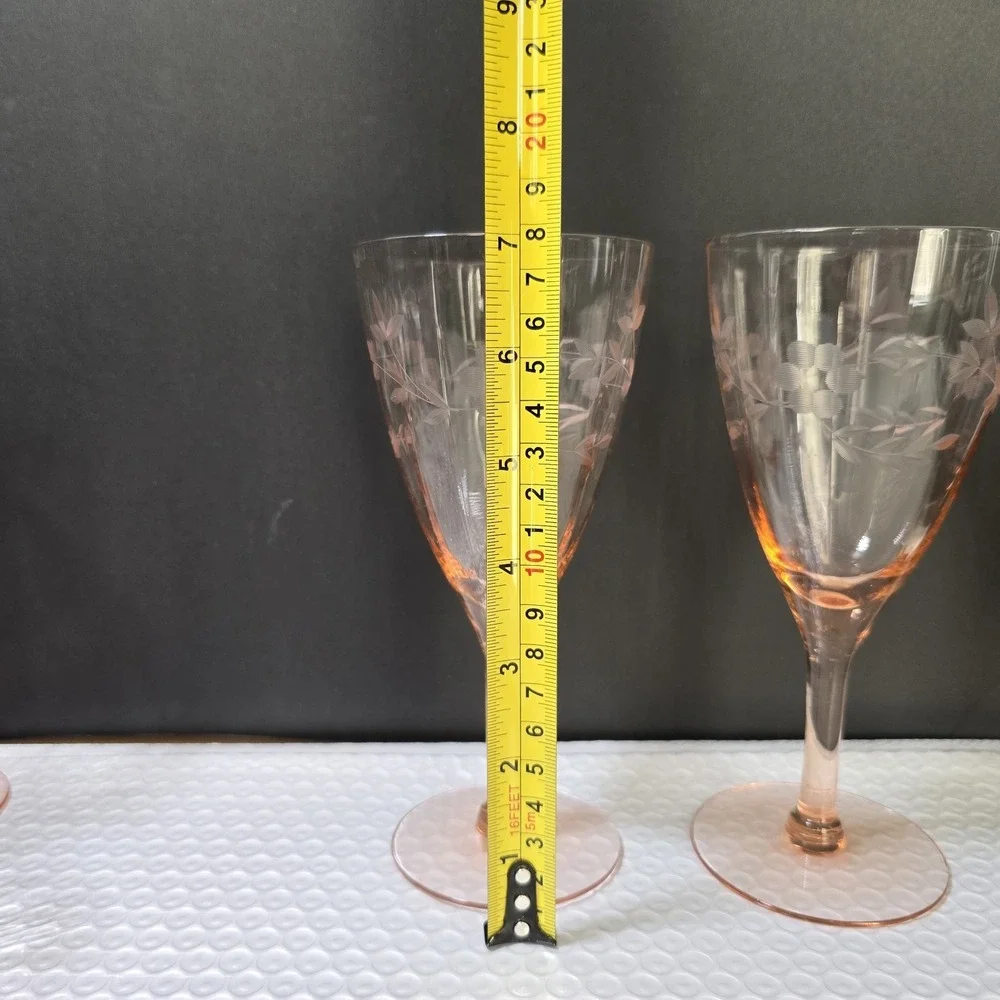 VTG Depression Glass Wine Goblets Set of 3 Etched Ribbed Rambler Rose Pink 7in